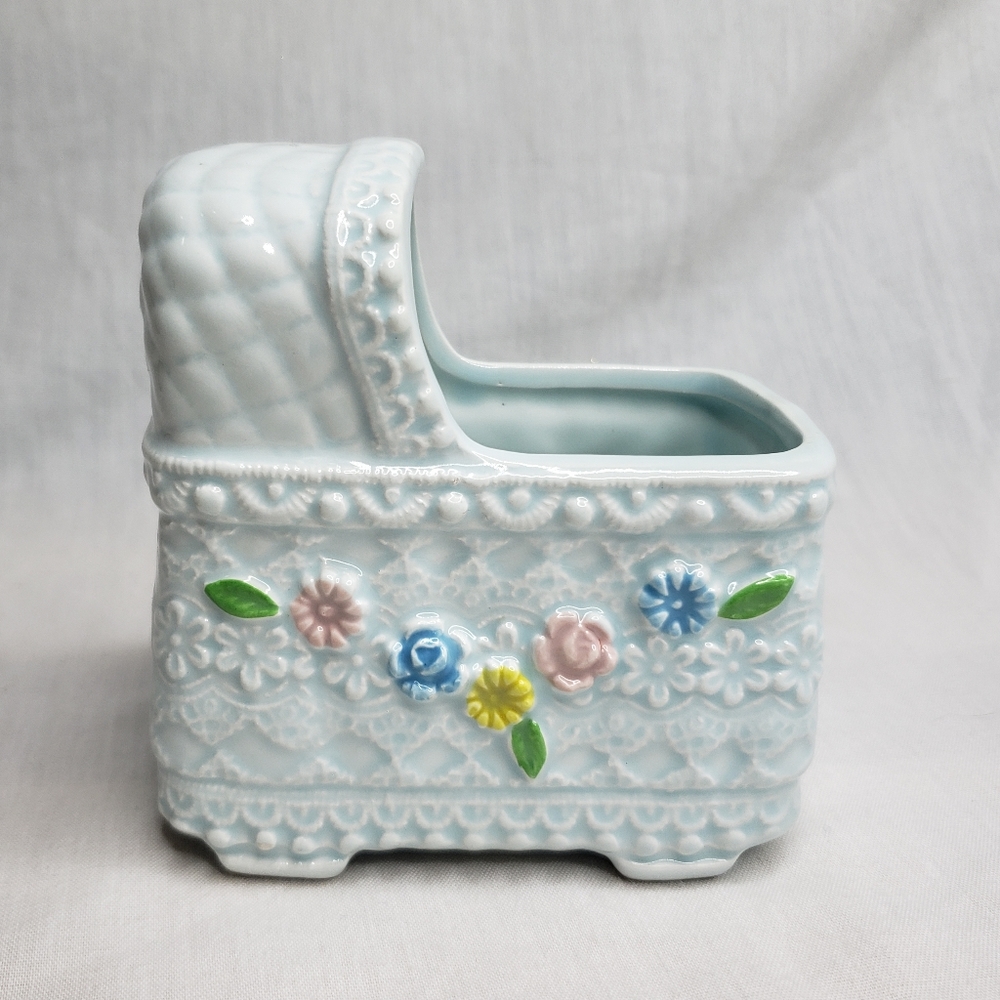 Mid-century Baby Planter Vase Blue Bassinet Nursery Plant Pot